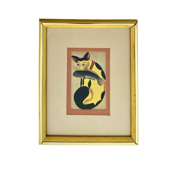 Cat Catch a Fish Print Asian Art Vintage Oriental Decor Gift